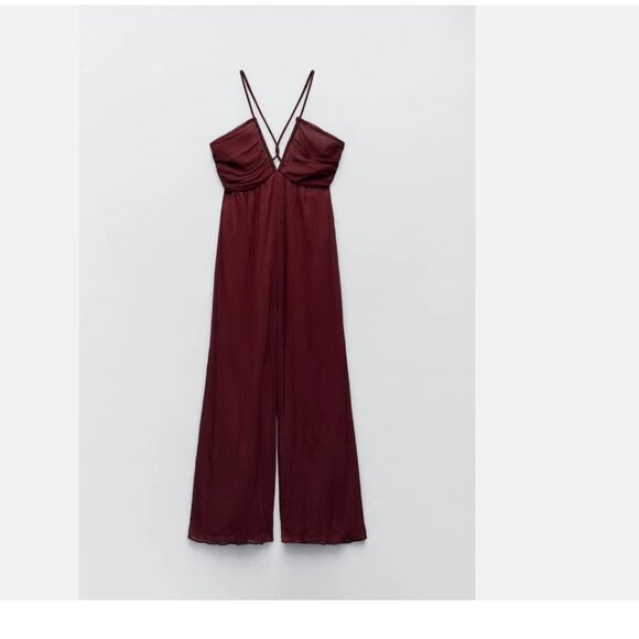 NWT ZARA LONG CROSSED BACK JUMPSUIT Chiffon Fabric Small Bloggers Fave Burgundy - Picture 7 of 13